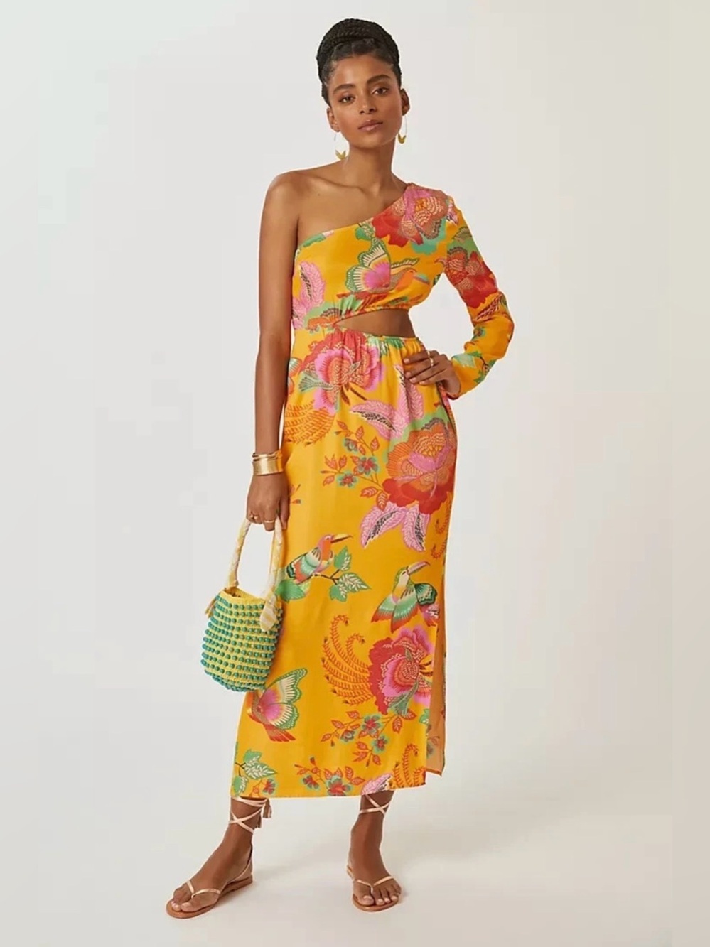 Farm Rio One Shoulder Maxi Dress Size XS Yellow Floral Bird Print Cutout Slit